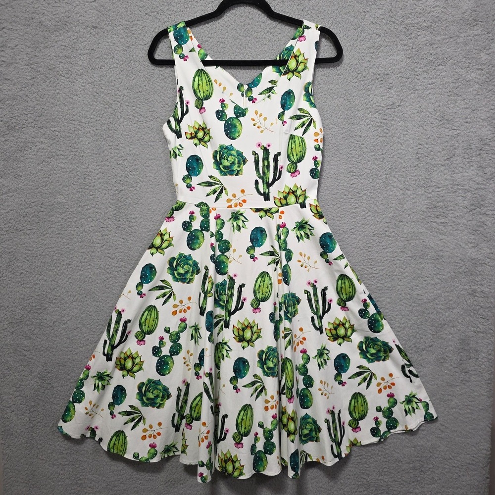 Eva Rose Dress Small A Line Fit & Flare White Green Cactus Sleeveless Pockets